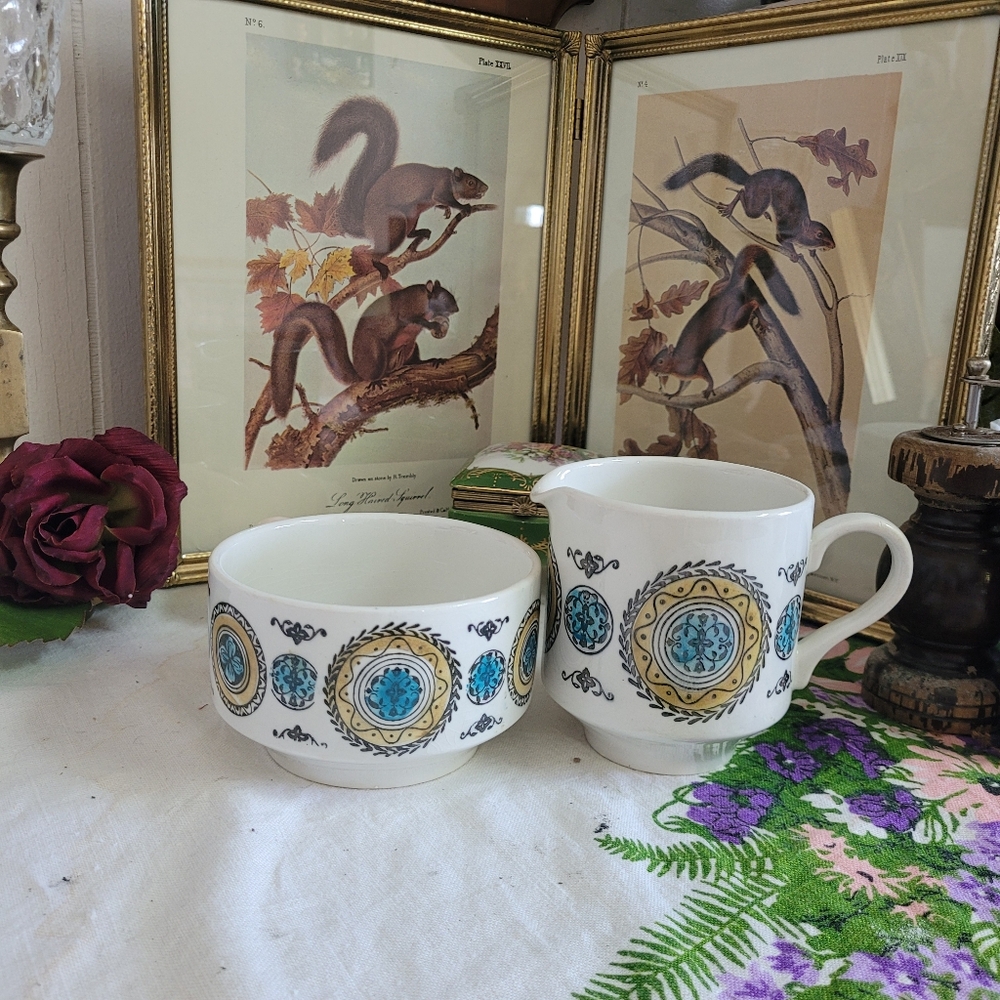Vintage Kathie Winkle Cream And Sugar Set Carousel Pattern England